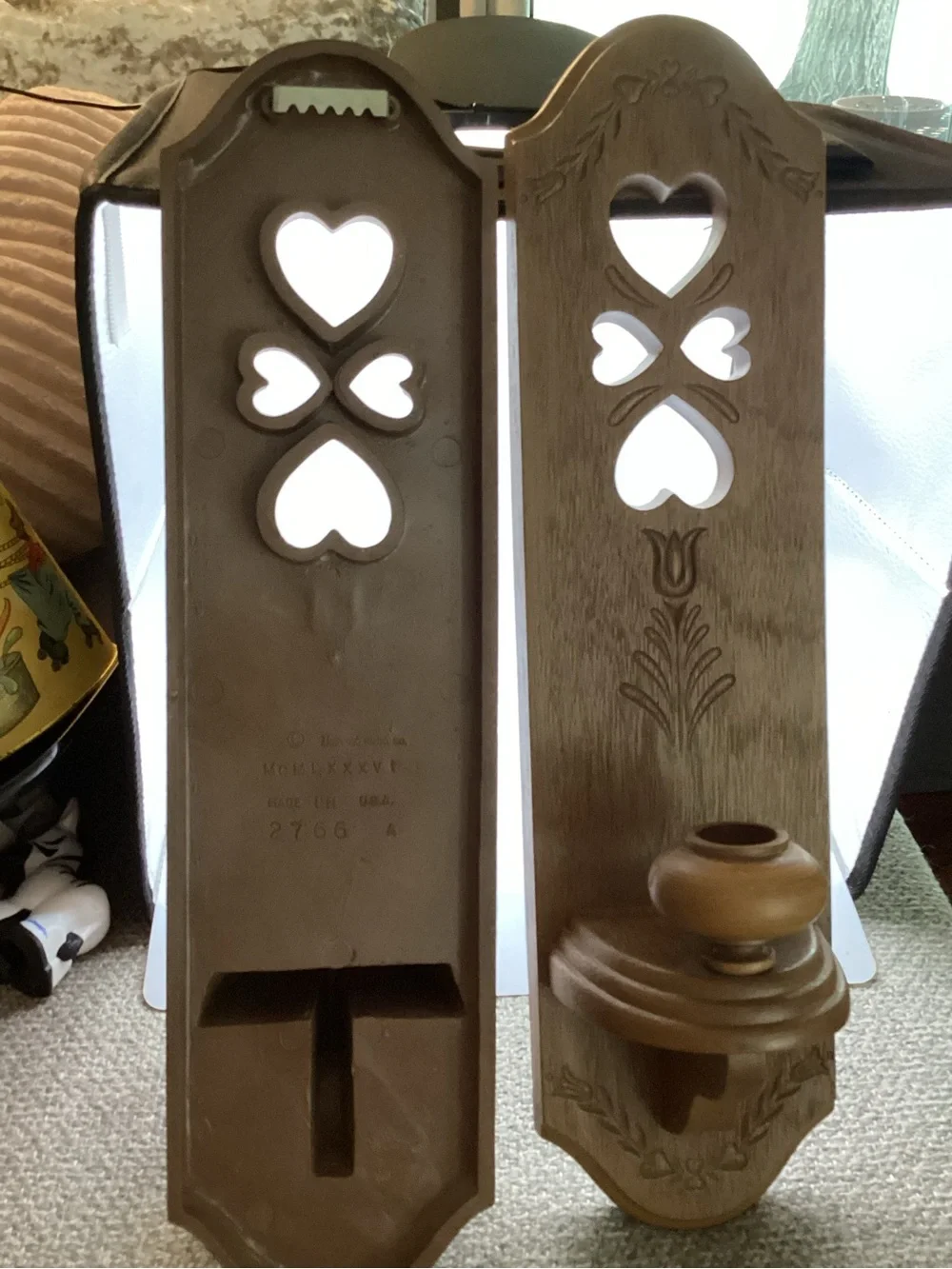 vintage 1986 Burwood faux-wood wall sconces with cut out hearts